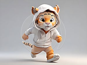 The cute tiger wearing a hoodie with running pose, 3D, cartoon concept