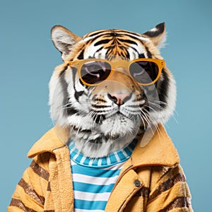 Cute Tiger Wearing Sunglasses And Jacket: Vibrant Postmodernism Art