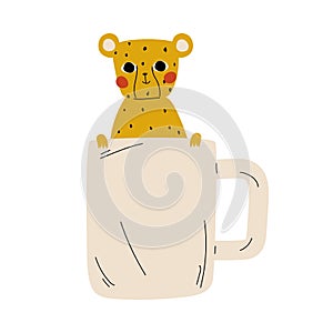 Cute Tiger in White Teacup, Adorable Little Cartoon Animal Character Sitting in Coffee Mug Vector Illustration