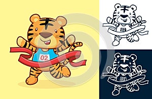 Cute tiger wins by crossing the finish line. Vector cartoon illustration in flat icon style