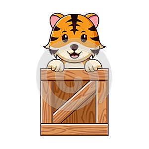 Cute Tiger in a wooden box Cartoon. Animal Icon Concept. Flat Cartoon Style. Suitable for Web Landing Page, Banner, Flyer, Sticker