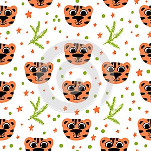 Cute tigers muzzles and branches of a Christmas tree with stars seamless vector pattern. Template for printing New Year paper.