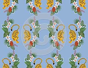 Cute Tigher in the jungle Seamless pattern with cute wild animals childish