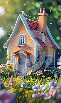 Cute tiny 3d house, small magical mini cottage home