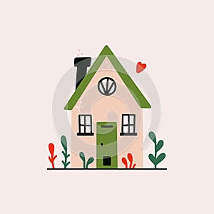 Cute tiny flat house. Cartoon one story cottage with chimney, forest cabin home with garden and lawn. Vector isolated