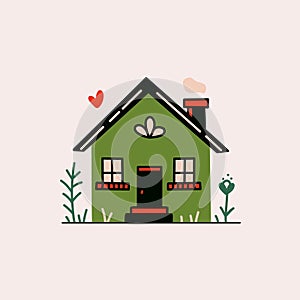 Cute tiny house. Cartoon cottage with chimney, traditional rural forest building with small facade and garden. Vector