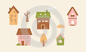 Cute tiny houses. Cartoon small town houses, minimalism city buildings. Autumn landcapes vector illustration set