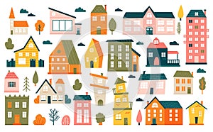 Cute tiny houses. Cartoon small town houses, minimalism city buildings, minimal suburban residential house vector