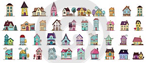 Cute tiny houses. Cartoon small town houses, minimalism city buildings, minimal suburban residential house vector