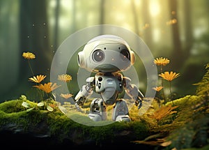 A cute tiny modern robot discovering the earth and exploring nature with curiosity. Generative Ai