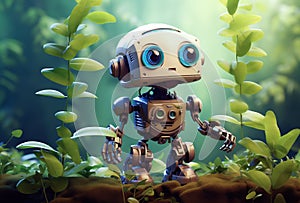 A cute tiny modern robot discovering the earth and exploring nature with curiosity. Generative Ai