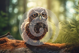 Cute tiny owl in green forest habitat. Generate ai