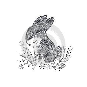 Cute tiny rabbit. Sweet bunny, little hare with flowers. Hand drawn pencil illustration for kids and babies fashion