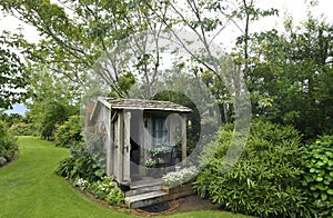 Cute tiny timber antique shack sitting in stunning flower garden