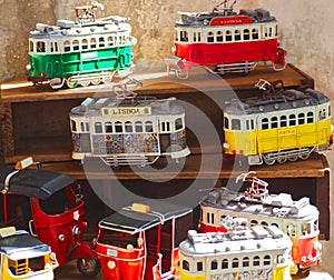 Miniature tram souvenirs of Lisbon in Portugal