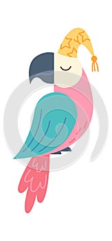 Cute tired bird in hat flat icon Sleeping parrot