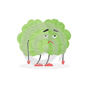 Cute tired sad green human brain character with fatigue, stress and migraines