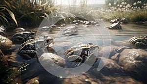 Cute toad looking at turtle in pond generated by AI