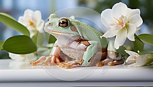 Cute toad sitting on flower, looking at camera in nature generated by AI