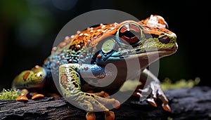 Cute toad sitting in green forest, looking at camera generated by AI