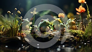 Cute toad sitting on green leaf underwater generated by AI