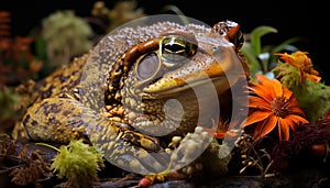 Cute toad sitting on leaf, looking at camera generated by AI