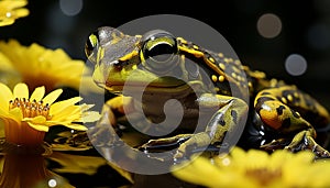 A cute toad sitting on a leaf, looking at camera generated by AI
