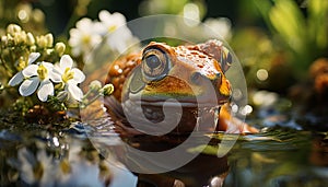 Cute toad sitting on leaf, looking at camera in pond generated by AI