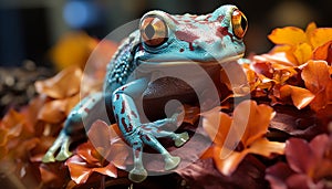 Cute toad sitting on leaf, looking at camera, vibrant colors generated by AI