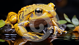 Cute toad sitting on leaf, looking at reflection in pond generated by AI