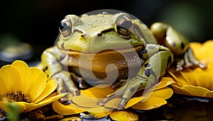 A cute toad sitting outdoors, looking at camera, in rain generated by AI