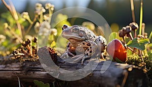 Cute toad sitting on wet leaf in forest generated by AI