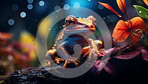 A cute toad sitting on a wet leaf in the forest generated by AI