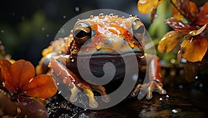 Cute toad sitting on wet leaf in forest generated by AI