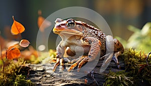 Cute toad sitting on wet leaf in forest generated by AI