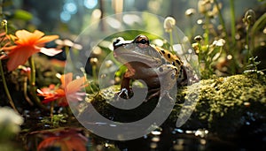 Cute toad sitting on wet leaf in forest generated by AI