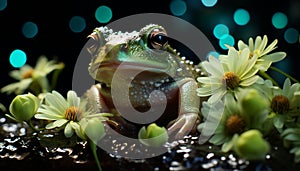 A cute toad sitting on a wet leaf in the forest generated by AI