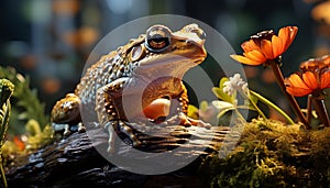 Cute toad sitting on wet leaf, looking away generated by AI