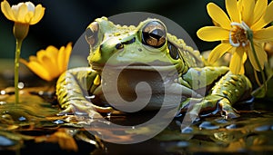 A cute toad sitting on a wet leaf, looking at camera generated by AI