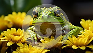 Cute toad sitting on wet leaf, looking at camera generated by AI