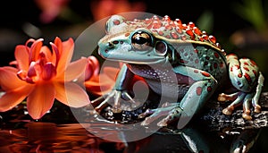 Cute toad sitting on wet leaf, looking at camera generated by AI