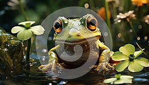 A cute toad sitting on a wet leaf, looking at camera generated by AI