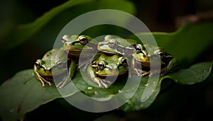 Cute toad sitting on wet leaf, looking at camera generated by AI