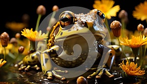 A cute toad sitting on a wet leaf, looking at camera generated by AI