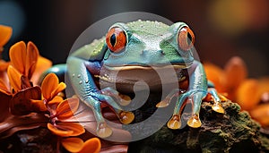 Cute toad sitting on wet leaf, looking at camera generated by AI