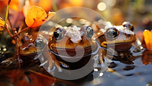Cute toad sitting on wet leaf, looking at camera generated by AI