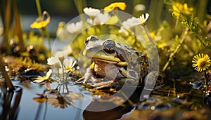 A cute toad sitting on a wet leaf, looking at camera generated by AI