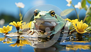 Cute toad sitting on wet leaf, looking at camera generated by AI