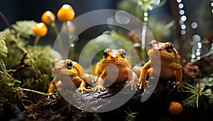 Cute toad sitting on wet leaf, looking generated by AI