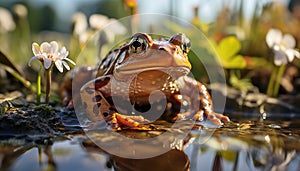 Cute toad sitting on wet leaf, looking generated by AI